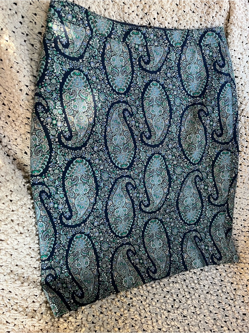 J. Crew Navy and Teal Paisley Pencil Skirt